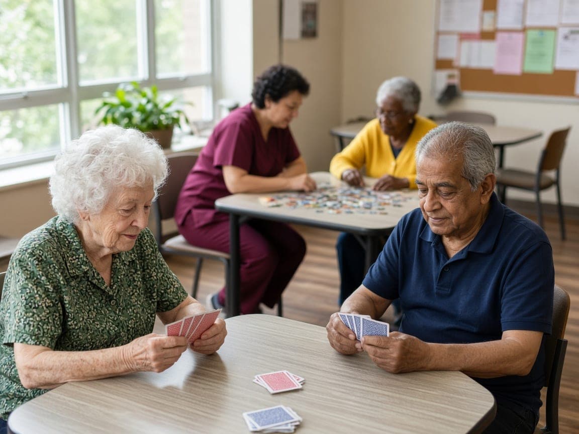 Illustration of older adults playing cards and working on a puzzle with a caregiver in a nursing home activity room