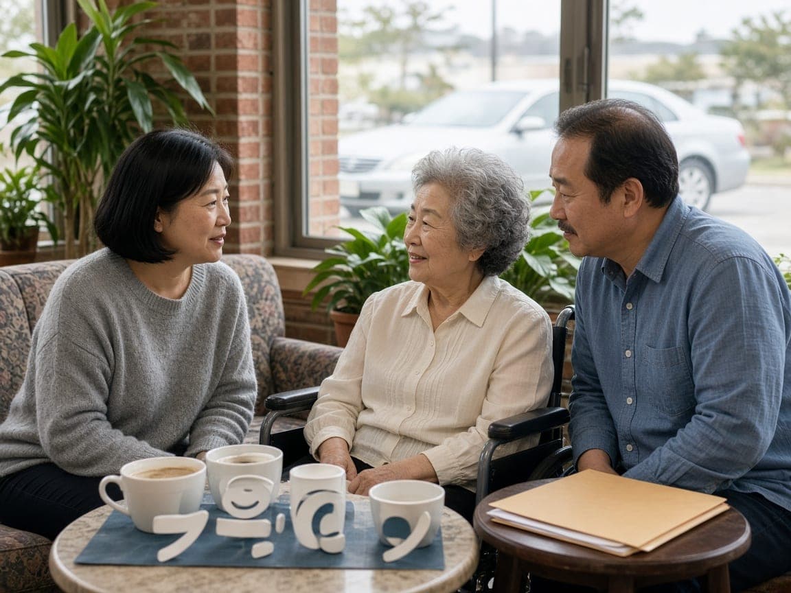 Illustration of two adult children visiting their mother in a nursing home sunroom