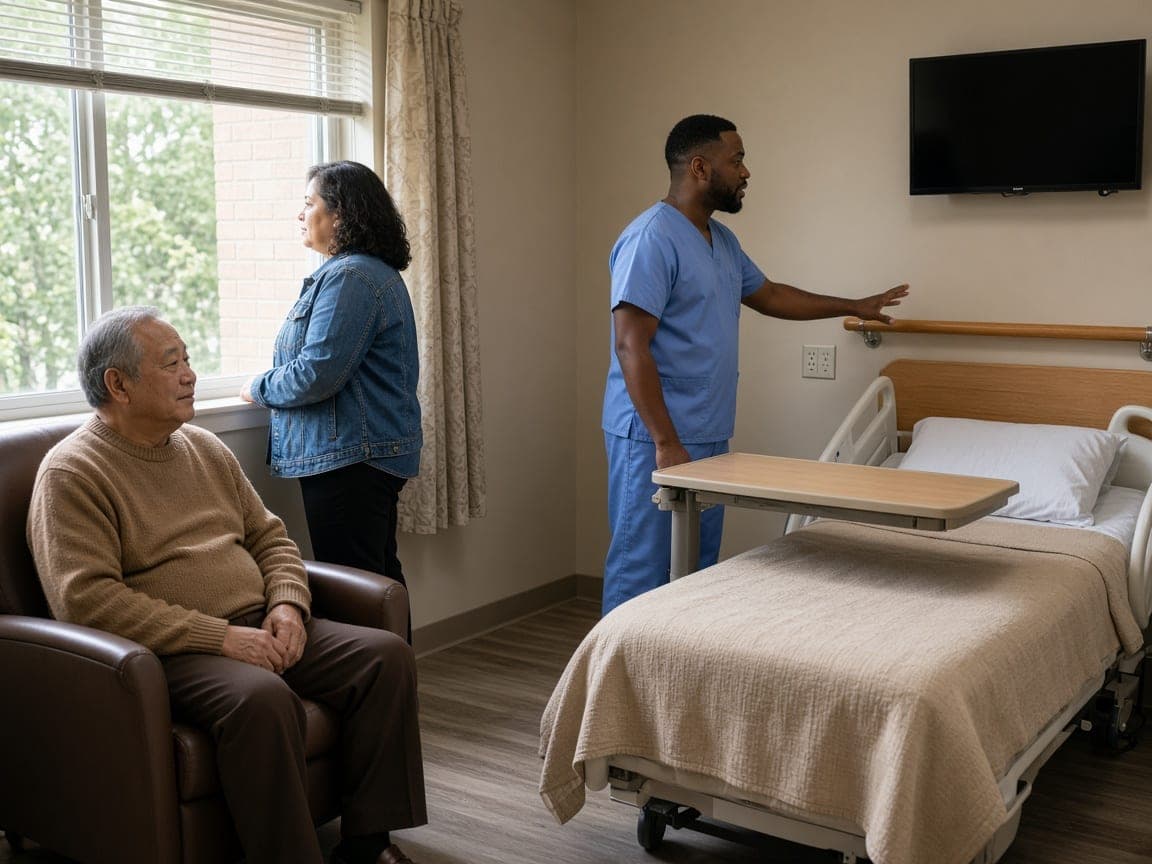 Illustration of a family member and a caregiver with an older man in a nursing home resident room