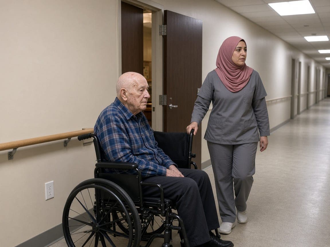 Illustration of a caregiver walking beside an older man in a wheelchair in a nursing home hallway