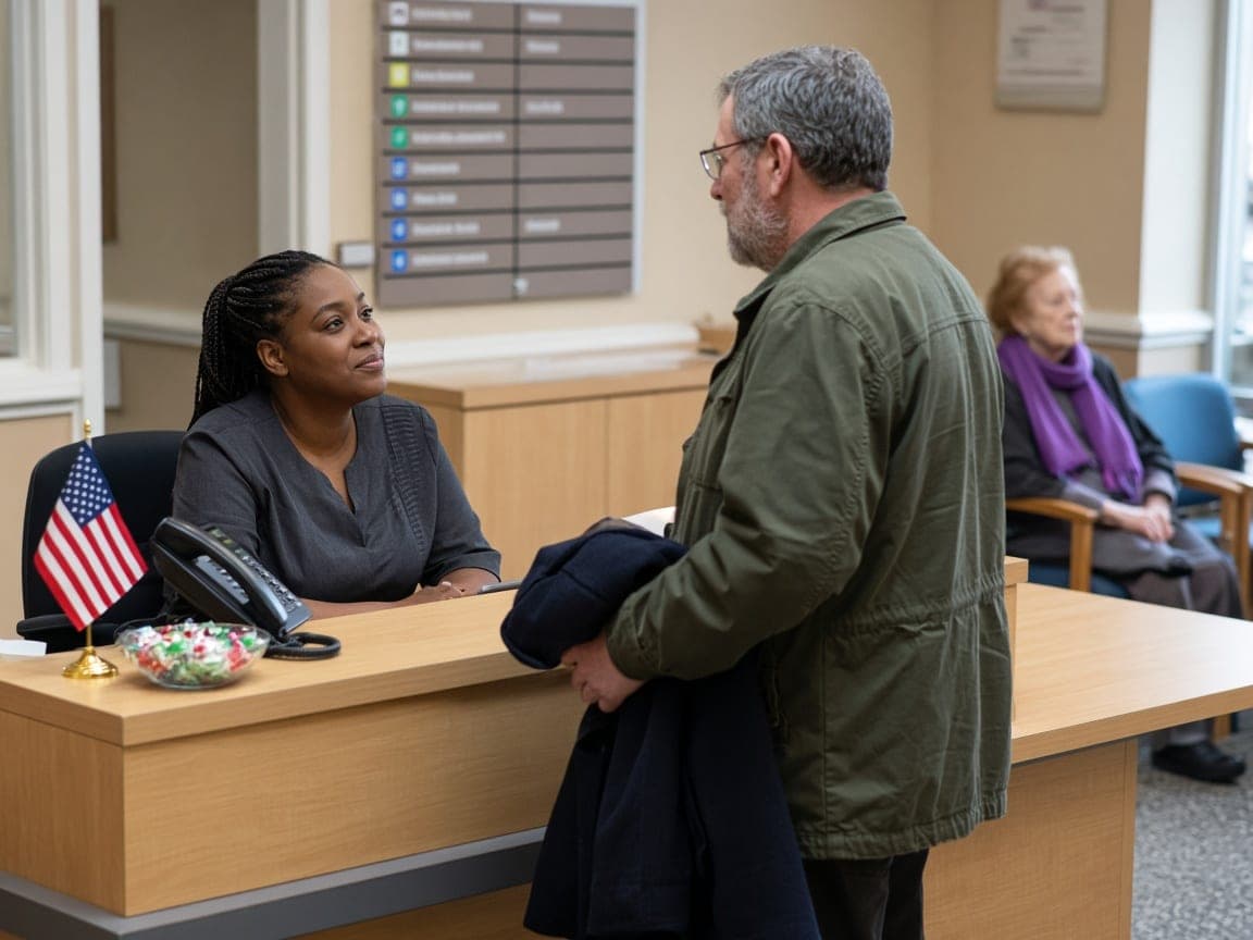 Illustration of a receptionist speaking with a visitor at a nursing home front desk while another woman waits