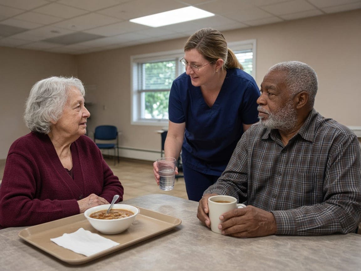 Illustration of two older adults at a table in a nursing home dining room while a caregiver sets down a cup
