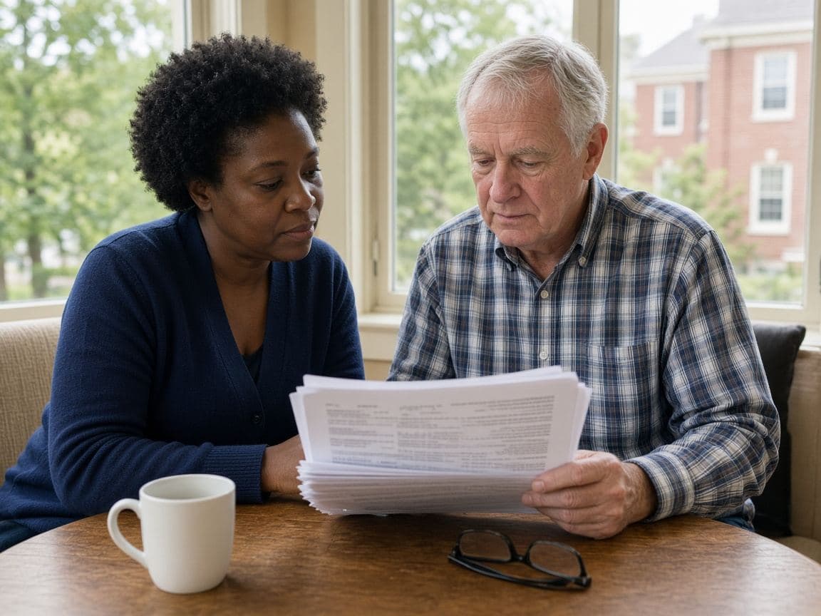 A woman and an older man sit at a table in a nursing home sunroom and look together at a printed report